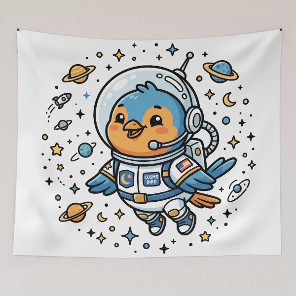 Item preview, Cute Astronaut Bird in Space Kawaii Cosmic Bluebird Illustration designed and sold by seven things shop.
