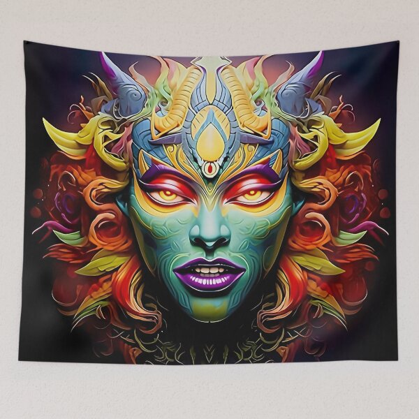 Item preview, Psychedelic Tribal Goddess – Neon Fantasy Mask Portrait designed and sold by Dominik1994.