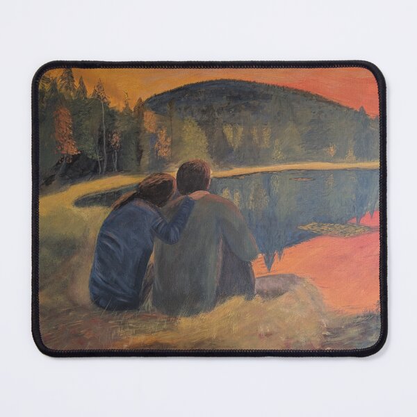 Item preview, Sunset by the Lake – Romantic Couple Oil Painting / Nordic Landscape Art designed and sold by Rookie-Creator.