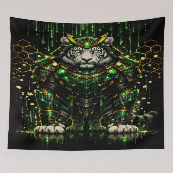 Item preview, Samurai Tiger Emerald Guardian — Cyberpunk Japanese Warrior Art  designed and sold by AlgorithmiaArt.