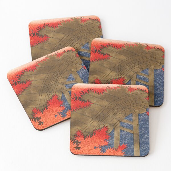 Item preview, Japanese Wooden Bridge With Red Maple Leaves Over River in Autumn, Traditional Woodblock Style designed and sold by portokalis.