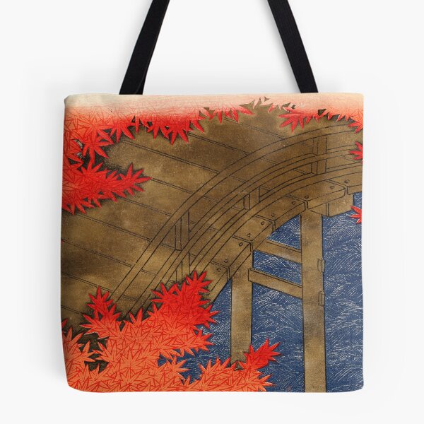 Item preview, Japanese Wooden Bridge With Red Maple Leaves Over River in Autumn, Traditional Woodblock Style designed and sold by portokalis.
