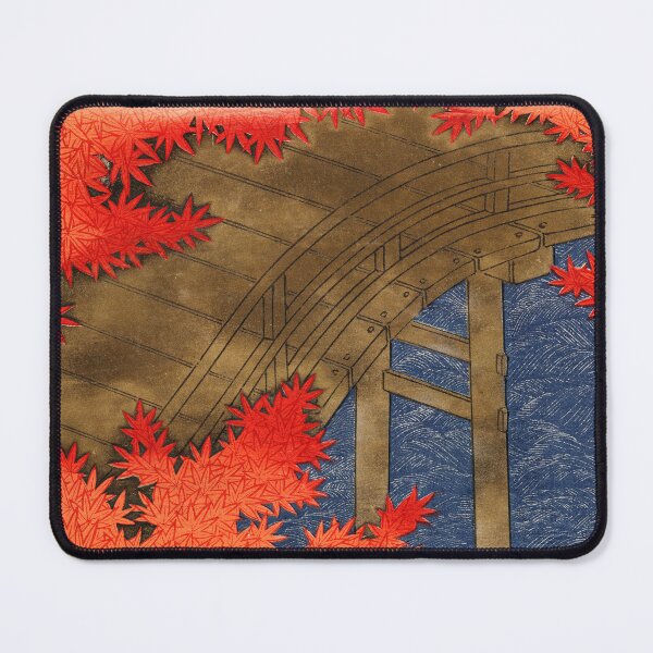 Item preview, Japanese Wooden Bridge With Red Maple Leaves Over River in Autumn, Traditional Woodblock Style designed and sold by portokalis.