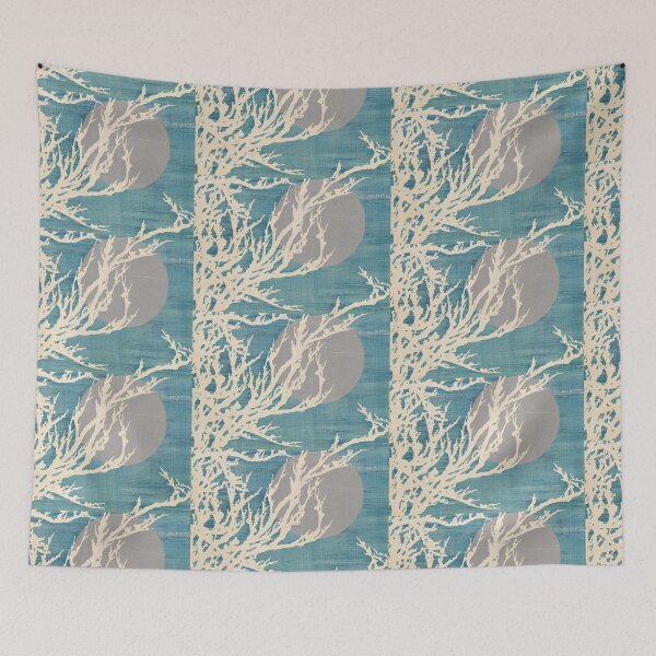 Item preview, Textured Teal Illustration of Bare Tree Branches Silhouetted Against a Large Moon — Minimal Wall Art designed and sold by portokalis.