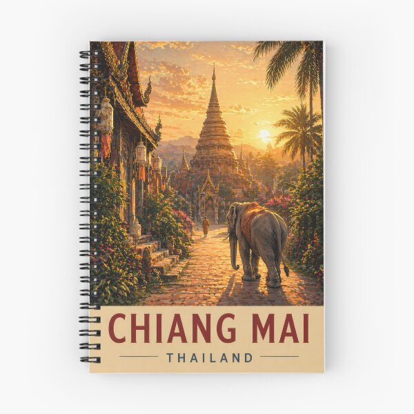 Artikelvorschau, Chiang Mai Thailand Travel Poster Vintage Temple Elephant Sunset entworfen und verkauft von pod24.