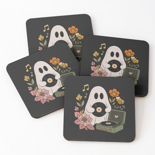 Item preview, Music Lover Ghost Cute Embroidery Style Vinyl Record Retro Floral Ghost Design designed and sold by ColorSplash123.
