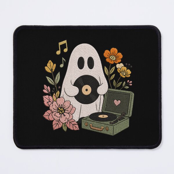 Item preview, Music Lover Ghost Cute Embroidery Style Vinyl Record Retro Floral Ghost Design designed and sold by ColorSplash123.