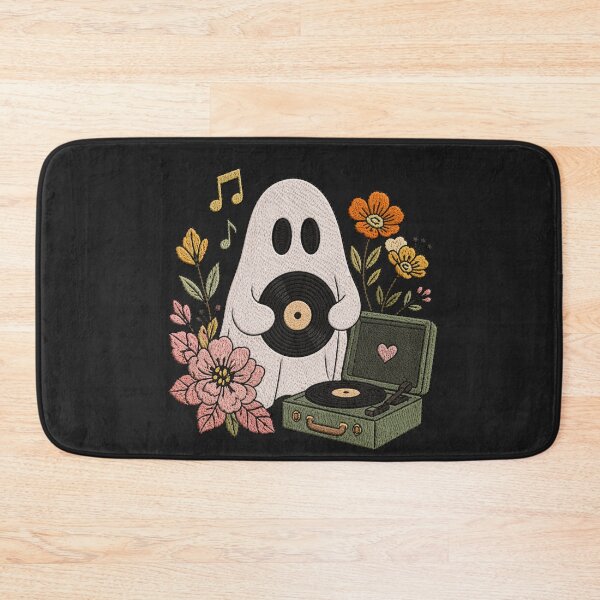Item preview, Music Lover Ghost Cute Embroidery Style Vinyl Record Retro Floral Ghost Design designed and sold by ColorSplash123.