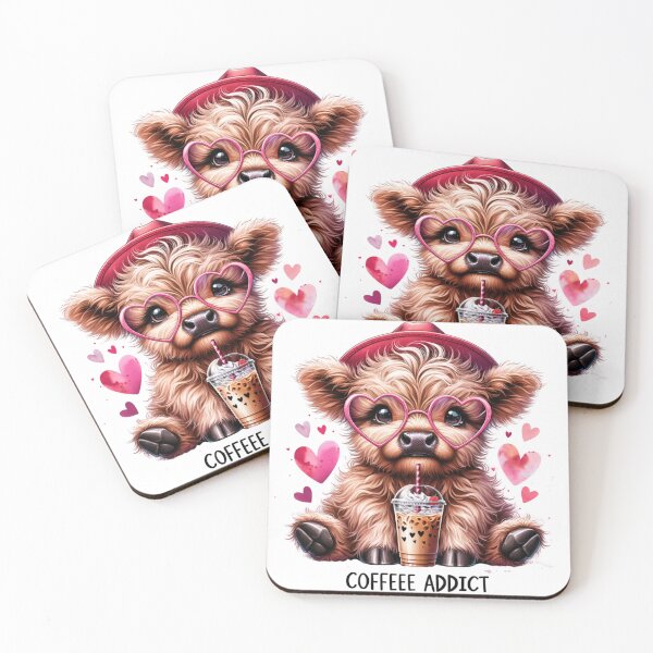 Item preview, Highland Cow Coffee Addict - Kawaii Pink Heart Glasses - Cute Iced Coffee Art designed and sold by JLMWorks.
