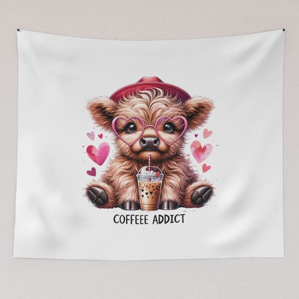 Item preview, Highland Cow Coffee Addict - Kawaii Pink Heart Glasses - Cute Iced Coffee Art designed and sold by JLMWorks.