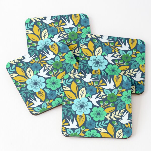 Item preview, Vibrant flowers and flying birds folk art in blue, yellow, and green designed and sold by Jennifer Ladd.