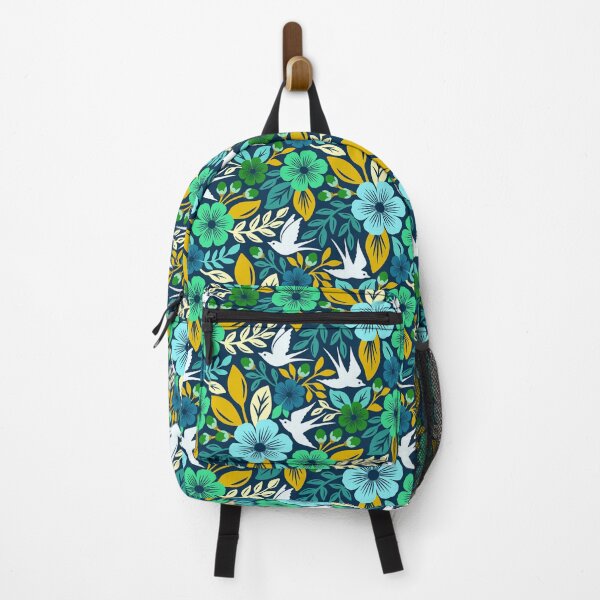 Item preview, Vibrant flowers and flying birds folk art in blue, yellow, and green designed and sold by Jennifer Ladd.