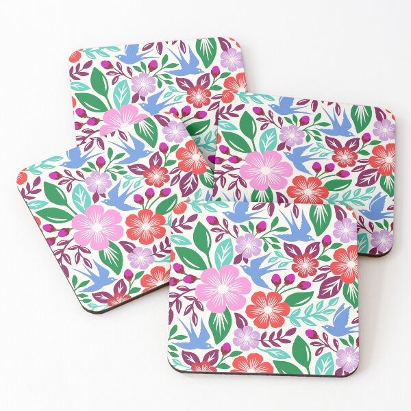 Item preview, Vibrant flowers and flying birds folk art in pink, purple, blue, green, and red designed and sold by Jennifer Ladd.