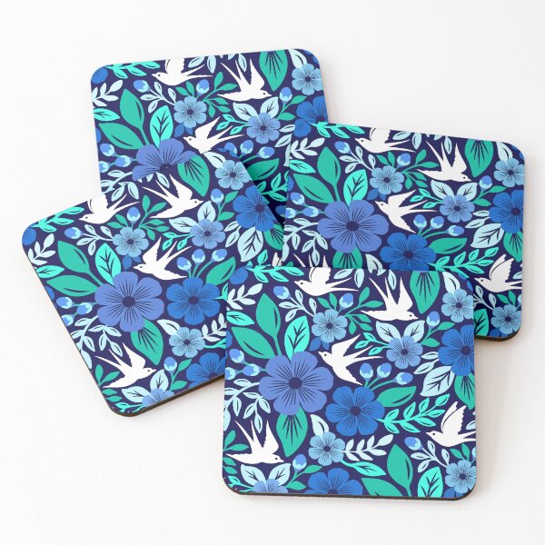 Item preview, Vibrant flowers and flying birds folk art in blue designed and sold by Jennifer Ladd.