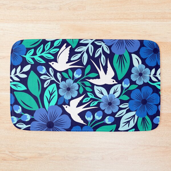 Item preview, Vibrant flowers and flying birds folk art in blue designed and sold by Jennifer Ladd.