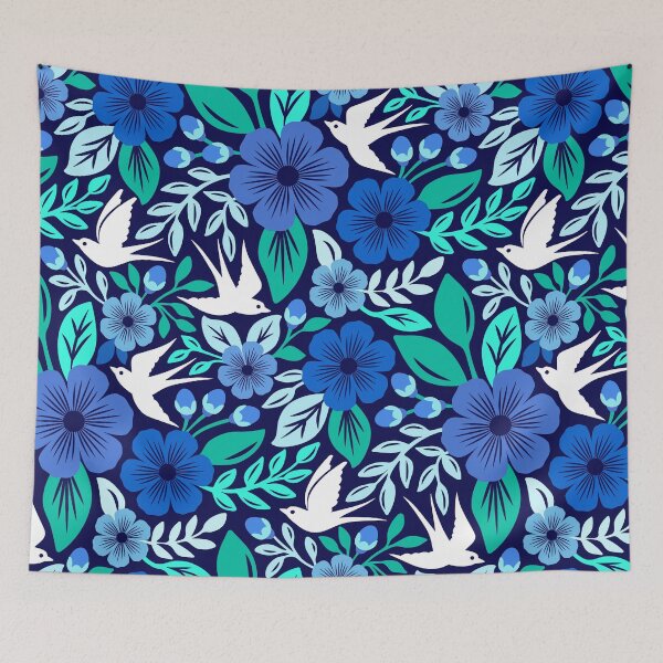 Artikelvorschau, Leuchtende Blumen und fliegende Vögel – Volkskunst in Blau entworfen und verkauft von Jennifer Ladd.