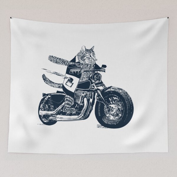 Item preview, Cool Biker Cat Riding Motorcycle Vintage Dark Blue Animal Illustration Art designed and sold by PhocoNibict.