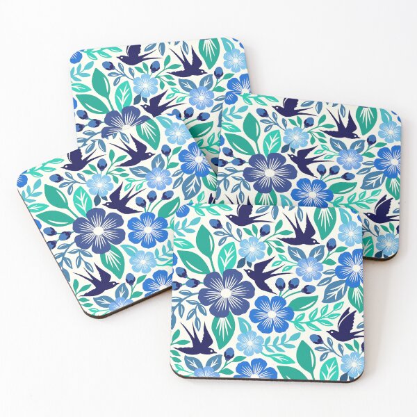 Item preview, Vibrant flowers and flying birds folk art in blue designed and sold by Jennifer Ladd.