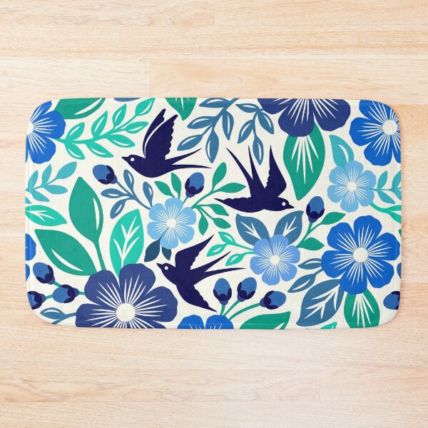 Item preview, Vibrant flowers and flying birds folk art in blue designed and sold by Jennifer Ladd.