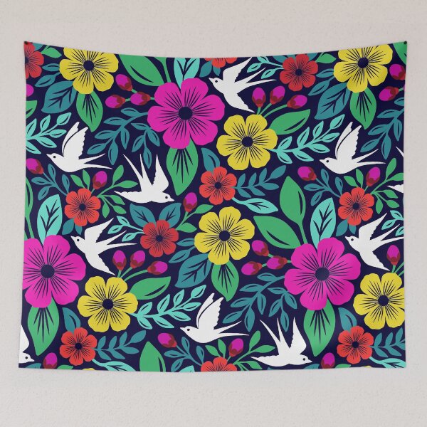 Item preview, Vibrant flowers and flying birds folk art designed and sold by Jennifer Ladd.