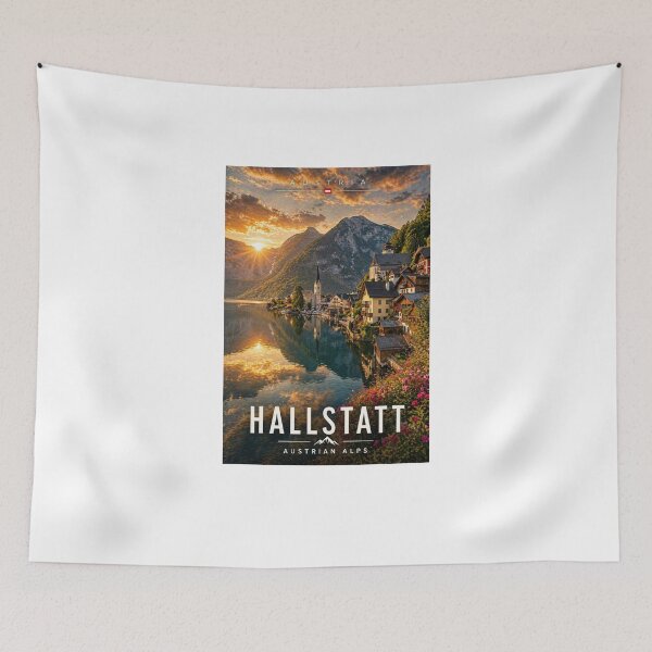 Item preview, Póster del lago al atardecer en Hallstatt, Austria – Lámina artística de viaje con paisaje de montaña y pueblo alpino. designed and sold by MyTutina.