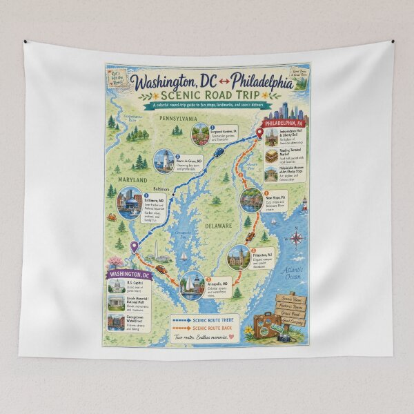 Item preview, Scenic road trip map: Washington DC to Philadelphia PA and back designed and sold by MagicStrawberry.