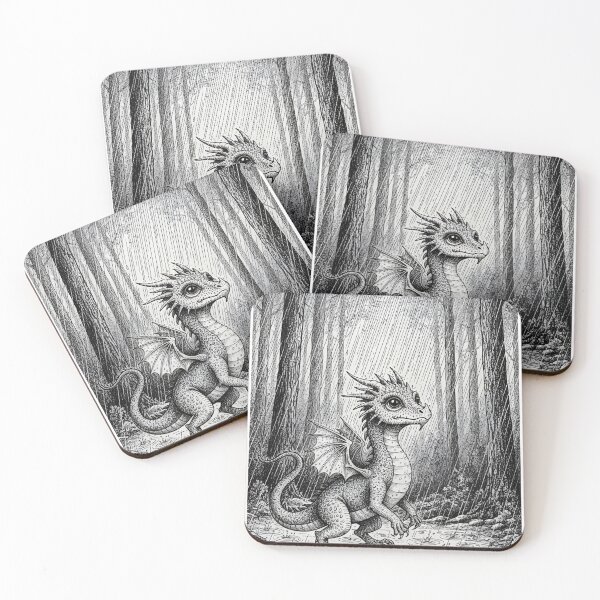 Item preview, Cute Baby Dragon in Rainy Forest Black and White Illustration designed and sold by Darkness Hole.