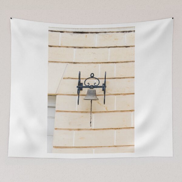 Item preview, Vintage Iron Bell Mounted On Beige Stone Wall With Rope Pull And Rustic Bracket designed and sold by Nmallia.