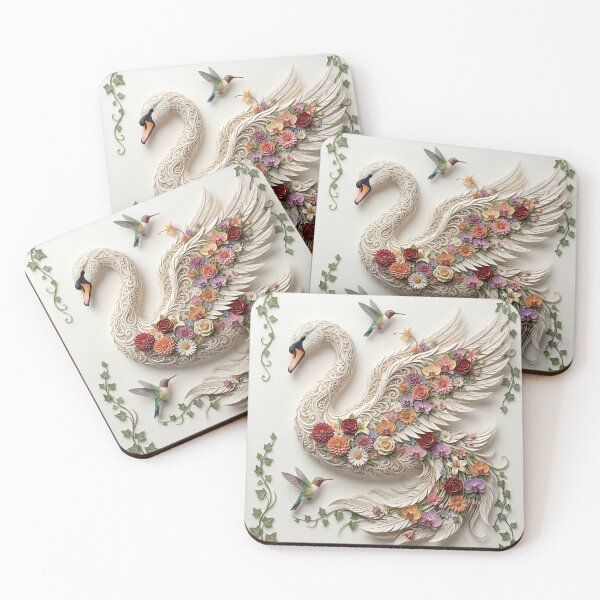Item preview, Whimsical Paper-Cut Swan & Floral Hummingbird Art designed and sold by ValhallaFantasy.