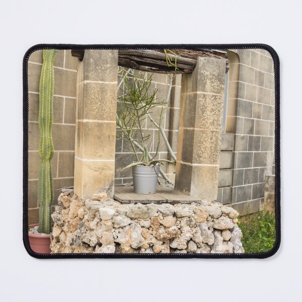Item preview, Rustic Stone Well and Potted Cactus in a Sunny Mediterranean Courtyard With Weathered Columns designed and sold by Nmallia.