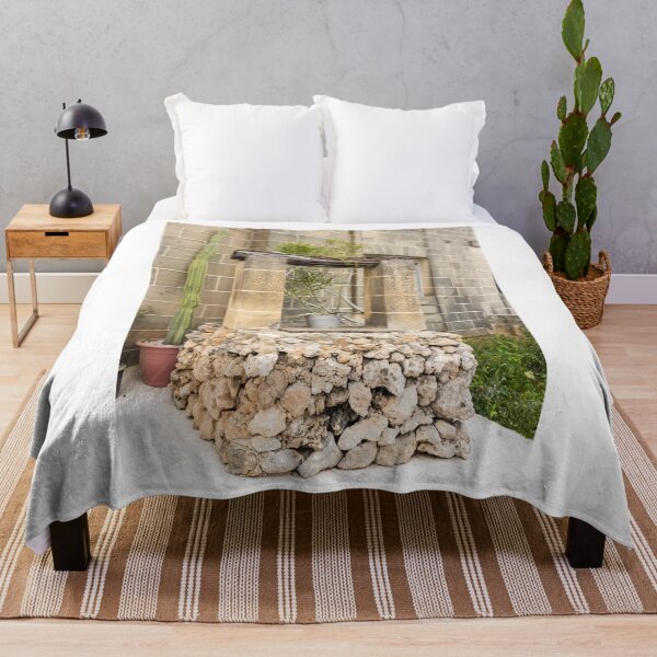 Item preview, Rustic Stone Well and Potted Cactus in a Sunny Mediterranean Courtyard With Weathered Columns designed and sold by Nmallia.