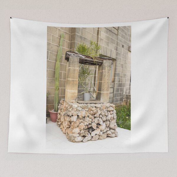 Item preview, Rustic Stone Well and Potted Cactus in a Sunny Mediterranean Courtyard With Weathered Columns designed and sold by Nmallia.