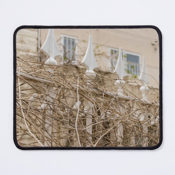 Item preview, White Iron Fence Covered in Dry Vines Outside Residential Mediterranean-Style Home Facade and Balcony designed and sold by Nmallia.