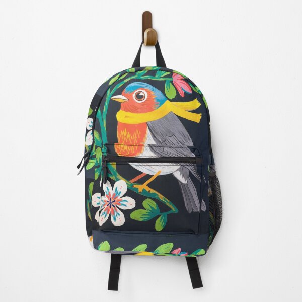 Item preview, Colorful Bird with Yellow Scarf | Whimsical Folk Bird Painting with Flowers designed and sold by Filora Atelier | Bird Art.