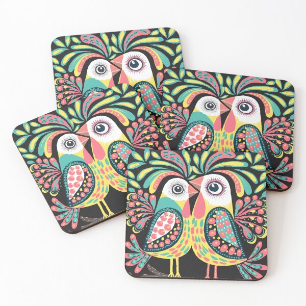 Item preview, Folk Art Lovebirds Print | Colorful Pair of Birds Wall Art on Dark Background designed and sold by Filora Atelier | Bird Art.