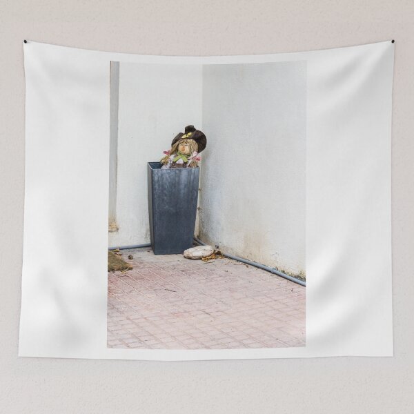 Item preview, Scarecrow Doll in Metal Planter Against White Wall Corner — Rustic Decorative Garden Accent designed and sold by Nmallia.