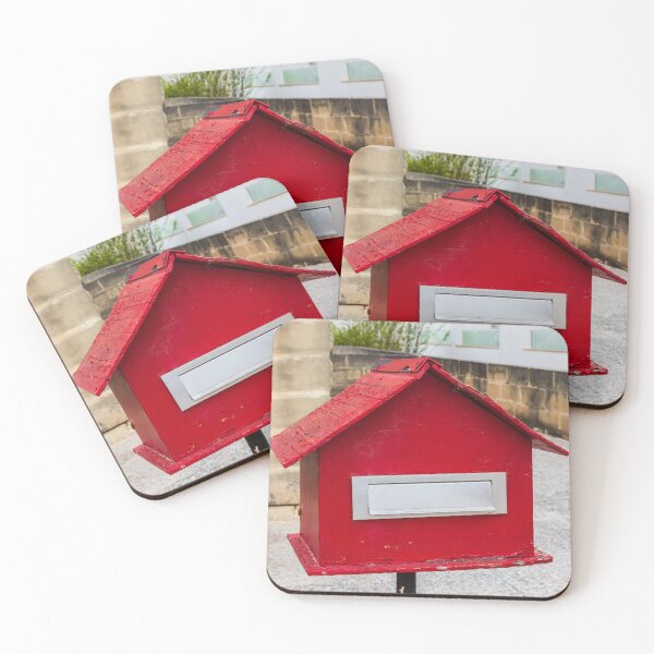 Item preview, Red House-Shaped Mailbox With Mail Slot Mounted on Post in Outdoor Urban Setting designed and sold by Nmallia.