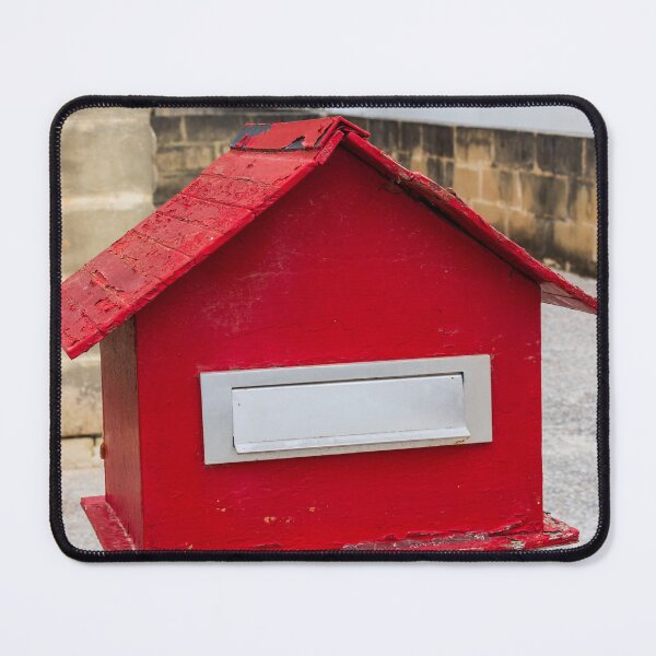Item preview, Red House-Shaped Mailbox With Mail Slot Mounted on Post in Outdoor Urban Setting designed and sold by Nmallia.