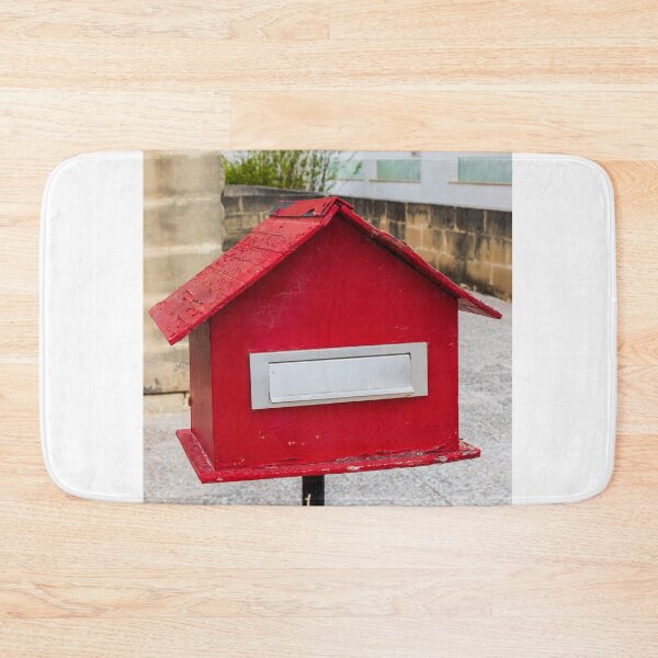 Item preview, Red House-Shaped Mailbox With Mail Slot Mounted on Post in Outdoor Urban Setting designed and sold by Nmallia.