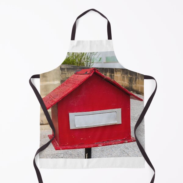 Item preview, Red House-Shaped Mailbox With Mail Slot Mounted on Post in Outdoor Urban Setting designed and sold by Nmallia.