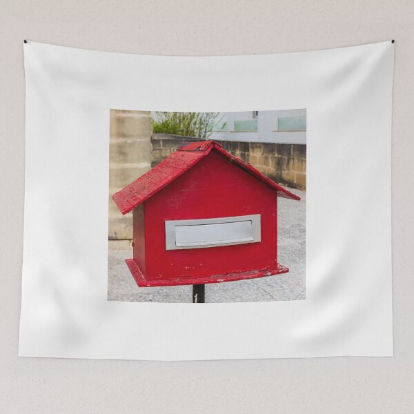 Item preview, Red House-Shaped Mailbox With Mail Slot Mounted on Post in Outdoor Urban Setting designed and sold by Nmallia.