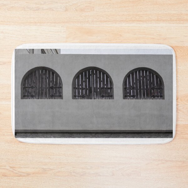 Item preview, Arched Wooden Shutters on Stucco Wall Exterior, Three Symmetrical Closed Windows With Rustic Hinges designed and sold by Nmallia.