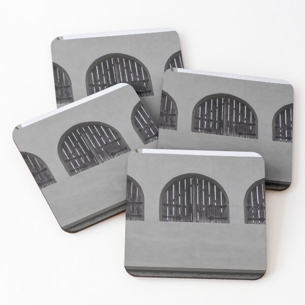 Item preview, Arched Wooden Shutters on Stucco Wall Exterior, Three Symmetrical Closed Windows With Rustic Hinges designed and sold by Nmallia.