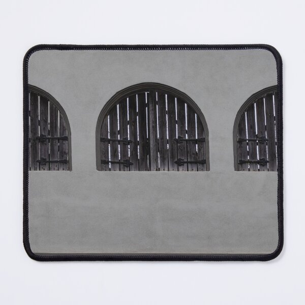 Item preview, Arched Wooden Shutters on Stucco Wall Exterior, Three Symmetrical Closed Windows With Rustic Hinges designed and sold by Nmallia.