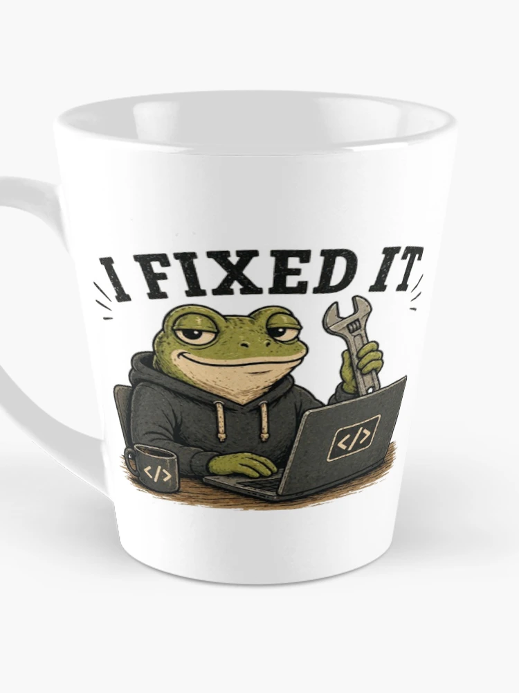 Thumbnail 3 of 4, Coffee Mug, I Fixed It Frog Programmer – Funny Coding Debugging Meme, Developer Humor Sticker, Software Engineer Gift designed and sold by NUVYStudio.