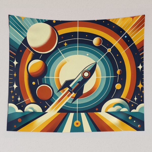 Item preview, Retro Rocket Launch with Planets and Starbursts designed and sold by InkSmithery.