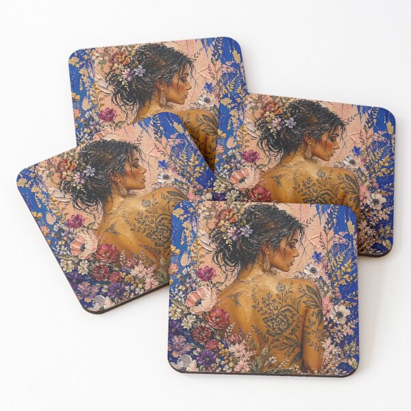 Item preview, Cobalt Bloom Woman – Textured Floral Portrait in Blue and Gold designed and sold by SoftStyleStudio ⭐⭐⭐.