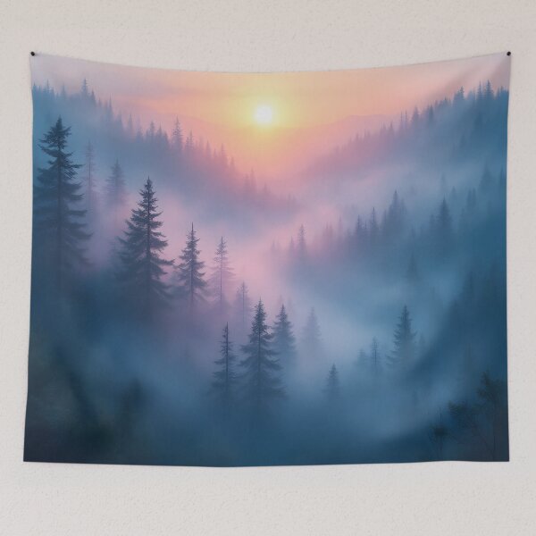 Item preview, Misty Forest Sunrise Landscape – Dreamy Nature Aesthetic Wall Art, Foggy Pine Trees Print designed and sold by DreamyWallVibes.