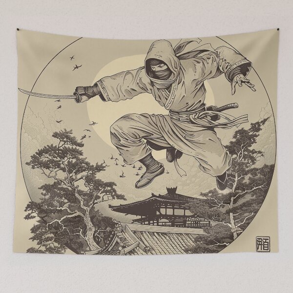 Item preview, Illustration of a ninja jumping onto the moon (Hokusai-style) designed and sold by whiteblackcat.