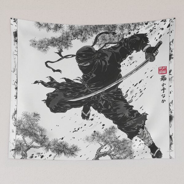 Item preview, Illustration of a ninja jumping while holding a sword (Hokusai-style) designed and sold by whiteblackcat.